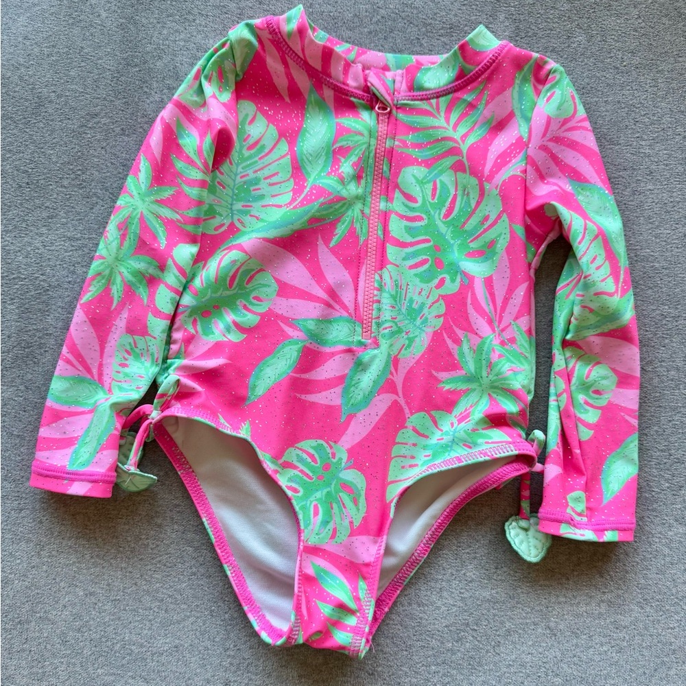 NWOT Nicole Miller Pink & Green Tropical Kids Rashguard One Piece | 2T | Zipper
